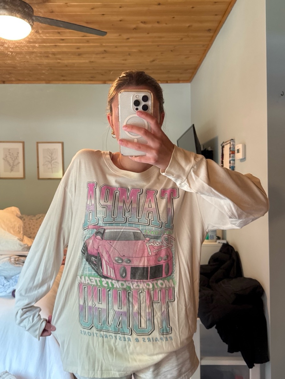 Hollister Cream Long Sleeve Tee with Pink Lettering